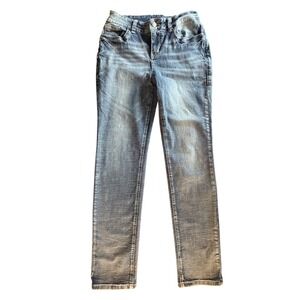 Flamingals Skinny Jeans Womens Size M Blue Excellent Embroidered Flap Pockets